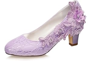 Emily Bridal Wedding Shoes Women's Silk Like Satin Chunky Heel Pumps with Stitching Lace Flower Crystal Pearl