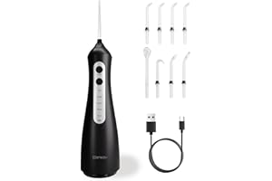 CONKOV Munddusche Kabellos IPX7 Wasserdichte Elektrische Munddusche mit 5 Modi 8 Düsen für Zahnreinigung und Zahnfleischpflege, 350ml Wassertank Water Flosser USB Laden, Schwarz