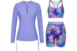 JASAMBAC 3-Piece Womens Rash Guard Swimsuits UPF 50+ Bikini Top & High Waist Boyshorts Half-Zipper Pull On Rash Shirt with Pockets Modest Swimwear Soft Bathing Suit Ladies Swimming Costumes Surf Suit