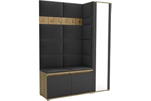 Brent - Garderobenschrank Flur Artisan Eiche Schwarz mit sitzbank 145 cm Breit Luton 7 - Multifunktionale Flurgarderobe Set mit Stauraum und Wandpaneel, Garderobe mit Sitzfläche und Kleiderhaken