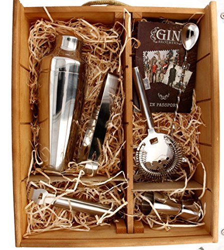 Der Geschenktipp für die Bar! Cocktail und Longdrink Set – Barzubehör aus Edelstahl in hochwertiger Echtholzkiste mit Cocktail- und Rezeptbuch – Für alle Gin Tonic Liebhaber – Made by Gin Brothers® - 2
