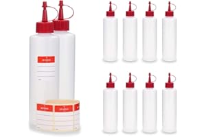 OCTOPUS 10 x 250 ml butelki plastikowe HDPE, np. na stopki, butelki z tworzywa sztucznego z czerwonymi nakrętkami natryskowymi/zakrętkami, w zestawie etykiety do opisywania