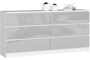 AKORD Cassettiera K 160 cm | 6 Cassetti (2 x 3) | Moderna Mobiletto per il soggiorno Camera da letto Armadio Soggiorno Bagno | Salvaspazio | 160 x 77 x 40 cm | Peso 70 kg |Bianco/Lucido metallizzato