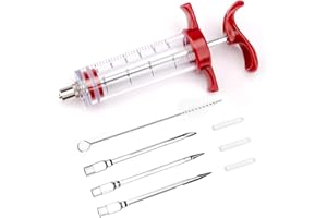 TONJIN Turkey Meat Injector Syringe Kit with 3 Marinade Needles for BBQ Grill Smoker, 1 Cleaning Brush, 1 Oz/30 ml Large Capacity Injector Marinades for Meats Red