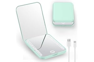 Gospire Espejo de maquillaje de viaje recargable con luces y aumento 1X/3X, espejo compacto LED con 3 colores de luz y brillo ajustable, espejo de tocador pequeño de mano para bolsos, verde