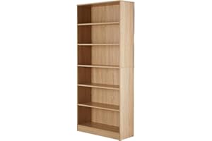 Home Source Large Bookcase, Tall Open Adjustable Shelves, Display Storage Cabinet, 6 Tier, Oak Effect