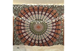 Bless International Indischer Hippie Bohemian Psychedelic Peacock Mandala Wandbehang Bettwäsche Tapisserie (Golden Green, Queen (213x288Inches) (215x230Cms))