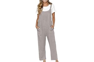 KUIH Linen Dungarees for Women UK Wide Leg Jumpsuit with Pocket Loose Fit Playsuits Summer Boho Romper Sleeveless Strappy Overalls Linen Suits Ladies Solid Suspender Jumpsuit for Holiday Vacation