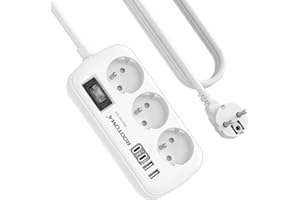 ROOTOMA Multiprise 3 Prises avec 4 USB(2 USB-C), Multiprise Parafoudre et Surtension avec Interrupteur et Câble de 1,5 m, Fixation Murale pour Maison Bureau, Blanc 16A/4000W