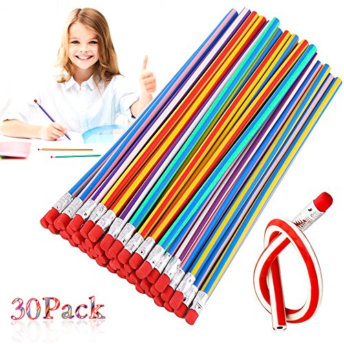 Beelittle Colorful Striped Flexible Soft Pencil With Eraser, Magic Bendy Pencil for Kids - Gift For Students or Children - Pack of 30