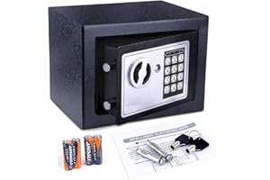 HOPEKINGS Caja Fuerte Pequeña, 230 x 170 x 170 mm Caja Fuerte Electronica,Cajas Fuertes Empotrables con 4 Pilas y 2 Llaves de Emergencia, Negro