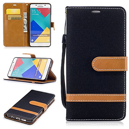 Coque Samsung Galaxy A5(2016)SM-A510F ,Ecowayétui en cuir PU Couleurs mélangées denim étui de téléphone Portefeuille Etui ( noir Cowboy) Housse de Protection Coque Étui Case Cover avec Stand Support Avec des Cartes de Crédit Slot et Fonction Support