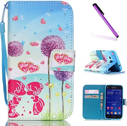 Samsung Galaxy Core Prime Case,Galaxy Core Prime G360 Case,Flip Case for Galaxy Core Prime SM-G360F,EMAXELERS Cool Skull Flower Painted Pattern Flip PU Leather Fold Wallet Case Cover with Magnetic Closure Built-in Credit Card Slot and Soft TPU Bumper Case Cover for Samsung Galaxy Core Prime Kissing couple and dandelions