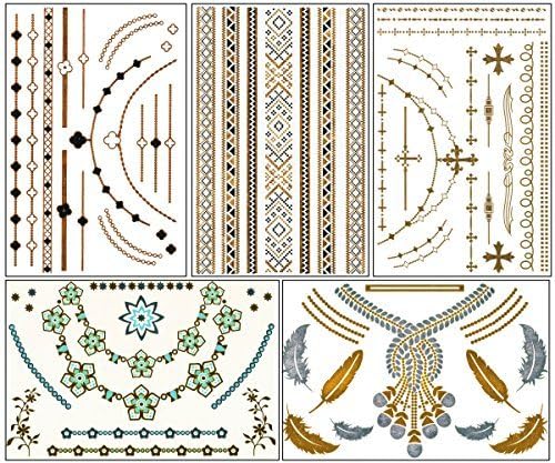 ChicTats Metallic Gold &amp; Silver Temporary Flash Tattoos 5-Sheet Pack - Bling Body Art &amp; Jewelry for Women &amp; Girls - Waterproof Fashionable Body Makeup / Stickers