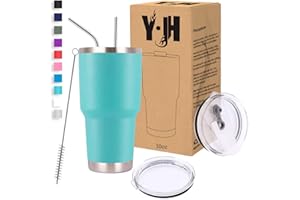 Y·J&H Y·JH 30oz (850ml) Bicchiere da viaggio Tazza da caffè a doppia parete isolata sottovuoto Tazza da caffè in acciaio inossidabile con 2 coperchi antispruzzo, 2 cannucce, senza BPA - Turchese