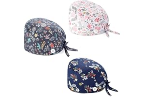 USTNIR 3er-Pack Verstellbare OP-Hauben aus Baumwolle, Chirurgische Mützen mit Knopf, Schweißband und Beutel, Bedruckter Turban Hut, Ideal für Krankenschwestern & medizinisches Personal