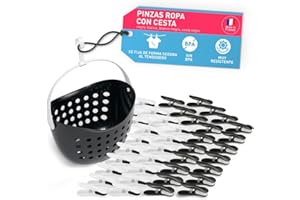 culiclean 40 Pinzas con Cesta para Tender Ropa Que No Dejan Marca Cesta Pinzas Ropa Tender – Plástico Resistente y BPA-Free – Fabricado en Francia – Soft Clip, Negro-Blanco, Blanco-Negro, Cesta Negro