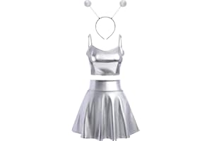 ODIZLI Alien Costume sexy da donna con glitter metallizzati, top crop + mini gonne + cerchietto alieno