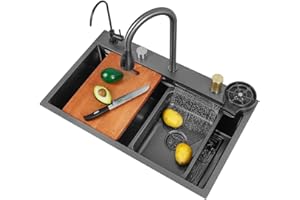 YILWNNCSE Fregadero de Cocina,Fregadero de Cascada,Fregadero de lluvia volador,Juego de Fregadero Doméstico de Acero Inoxidable 304,Fregadero Integrado con Grifo Extraíble (68×46×22cm)