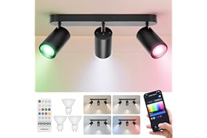 Aigostar Lámpara de Techo Inteligente 3 Focos GU10 Compatible con Alexa Bluetooth Mesh, Plafón Foco de Techo LED Regulable Colores, Apliques Interior Ajustables y Giratorios para Dormitorio Cocina