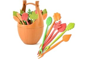 OUNONA 17pcs Fourchettes à Dessert Pics à Cocktail Fourchettes à Gâteaux Pics Apéritif Fruits En Forme de Feuille avec Baril Support Orange