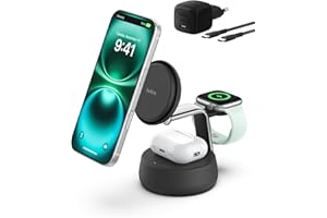 Belkin UltraCharge Pro Qi2.2 Induktive Ladestation, 25W, 3 in 1 Ladegerät MagSafe Kompatibel, Wireless Charger für iPhone 17, Air, Apple Watch, AirPods, Pixelsnap mit Lüfter, 45-W-Adapter – Schwarz