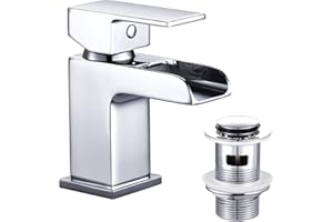 Funime Basin Taps Mixers with Pop-up Waste Slotted Waterfall Bathroom Sink Mixer Tap Square Modern Cloakroom Faucet Monobloc G1/2 Hoses Single Hole