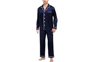 SWOMOG Mens Satin Pyjamas Set Long Sleeve Button Down Sleepwear Silk Pyjama Set Men Blouse and Long Pants PJs