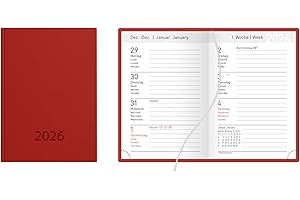 ‎IDENA Idena 12055 - kalendarz kieszonkowy DIN A7 2026, 1 tydzień na 2 stronach, terminarz z okładką Balaton w kolorze czerwonym, zakładką i perforacją narożną