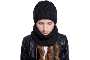Adicloz 3 in 1 Chapeau Écharpe Ensemble de Gants Femme, Doublure Molleton Doux bonnet d'hiver Tube Écharpe plus Chaud Tactile Gants, Laine Tricot Bonnet Chaud Cache-Cou Extensible pour Femme