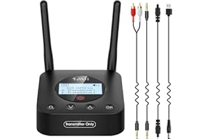1Mii Bluetooth Transmitter for TV with Display Screen, Long Range Bluetooth 5.0 Audio Transmitter Volume Control, Optical Coaxial RCA 3.5mm Audio Input for TV to 2 Headphones