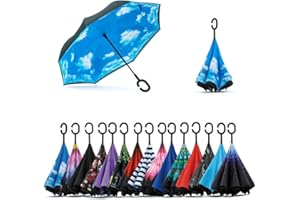Jooayou Double Layer Inverted Umbrella, C Shape Handle Reverse Folding Umbrella, Anti-UV Windproof Travel Umbrella with Carrying Bag