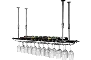 LYPGA Wine Glass Rack, Hanging Wine Holder, Vintage Bottle Holder, Ceiling Decoration - Adjustable, for Kitchen & Bars - Fixings Included (Black, 120cm x 30cm)