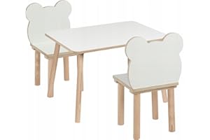PlayPals Furniture Kindertisch + 2 Bären‑Stühle Set 70×50×47 cm – Tisch & Stuhl Set für Kinder aus MDF & Holz – naturbelassen, kindersicher, abgerundete Kanten, stabil – für Kinder 3–7 Jahre