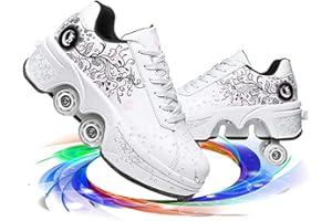 LDTXH Patin À Roulette Fille Reglables,Chaussures À roulettes Femme,Roller Quad Déformable Adulte,2 en 1chaussures De Skateboard Garçon,Unisexe Sports Et Loisirs Chaussures De Running