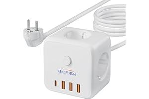 Bigfish 3 Fach Steckdosenleiste mit USB C, Mehrfachsteckdose mit 4 USB, Steckdosenwürfel mit 3 Meter Kabel, Mehrfachstecker mit Schalter für Büro & Zuhause
