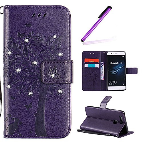 Preisvergleich Produktbild EMAXELERS Huawei P9 Hülle,Schutzhülle Ledertasche Schwarz PU Leder Brieftasche Diamant Schmetterlinge Handytasche Schale Standfunktion für Huawei P9,Diamond Purple Wishing Tree