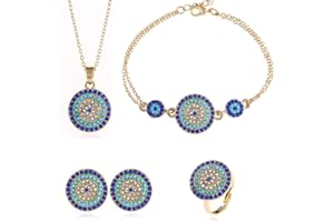 HMOOY Lucky Round Evil Eye Ensemble de Bijoux Turc Hamsa Bleu Cubique Zircone Cristal Evil Eye Charme Pendentif Collier Bague Bracelet et Boucles D'oreilles Ensembles pour Fille Femmes