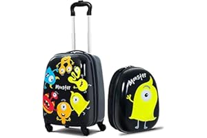 GOPLUS Kinderkoffer mit Rucksack, Kids Trolley, Kindergepäck mit Rollen, Reisekoffer mit Teleskopgriff, Hartschalenkoffer für Kinder, Kindertrolley Farbwahl (Monster, 12"+16")