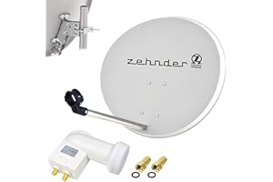 SATSHOPPING Zehnder 60cm Spiegel Schüssel Stahl + LogiSat Twin LNB | 2 Teilnehmer HD Digital SAT Anlage Set hellgrau | DVB-S/S2 Full HDTV 3D 4K Ultra HD UHD Empfang