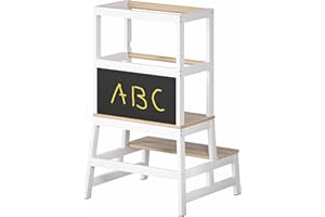 Spielwerk® Tour d'Observation Montessori Blanche Enfant Dès 18 Mois - Chaise Haute Bébé Jouet Bebe 1 an - Cuisine Enfant - Bois de Pin Véritable Sécurisé avec Tableau Noir