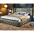 mm08enn Luxury Chesterfield Wing Buttons Bed Frame in Soft Plush Fabric (Black, 5ft King Size)
