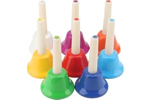 MOUYAT Set di 8 campane colorate in metallo con manici in plastica per apprendimento, celebrazioni e divertimento in famiglia, ideali per musicisti, artisti e appassionati di suono