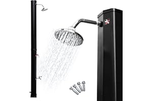 Fiqops Ducha solar de jardín de 35 litros, ahorro de energía, cabezal de ducha orientable a 180°, ducha de pies integrada, máx. 60 °C sin conexión eléctrica