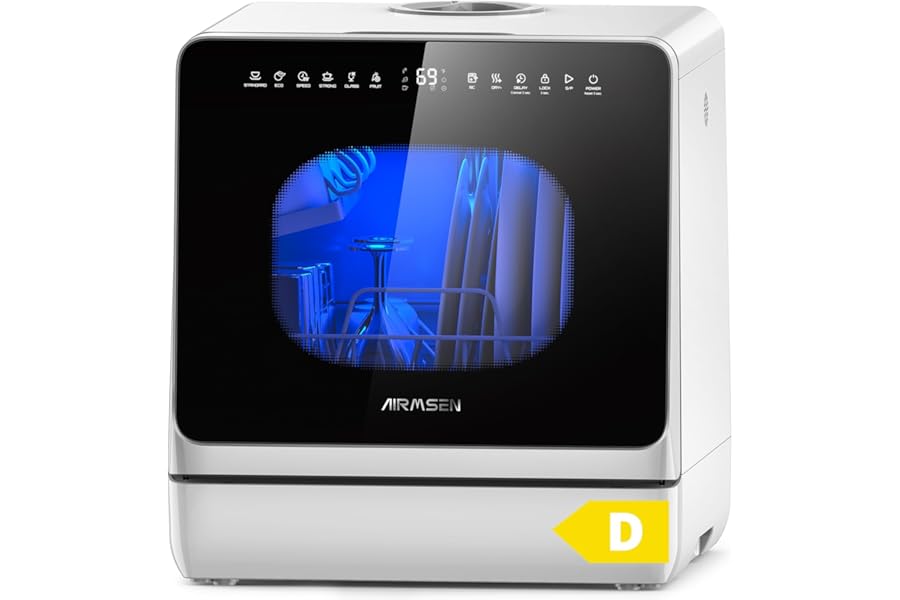 AIRMSEN Mini Table Dishwasher, 5L Portable Dishwasher, 8+3 Programs, Delay Start 1-18 h, Softening and Child Lock System