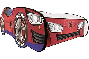Topbeds Letto per auto, lettino per auto, con protezione anticaduta, letto per ragazzi con materasso, lettino con rete a doghe per ragazzi e ragazze, Super Heroes (Spider Car, 140 x 70 cm)