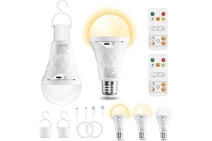 YLATOIAL E27 LED Akku Glühbirne mit Fernbedienung 2Stück, Dimmbar Outdoor Lampe (3000K/4000K/6500K), 2600mAh Camping Lampen, Timer Leuchtmittel Sockel&USB Aufladbare Dual-Purpose Für Tischlampe/Camping