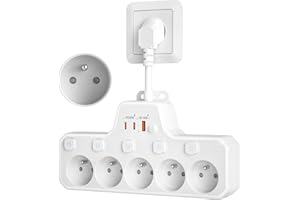 HONIHOM Multiprise avec Interrupteur Individuel,Multiprise Electrique 5 Prises Française avec Terre 16A 2P+T,Prise Multiple Murale avec USB C Charge Rapide PD20W,Bloc Rallonge Parafoudre Câble Court,Blanc
