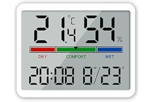 ALLOMN Hygrometer Innenthermometer, Digitales Raumfeuchtigkeitsmessgerät Genaues Temperaturmessgerät Großes LCD Display Feuchtigkeitsmessgerät Thermometer mit Uhr für Gewächshaus Hause (Weiß)