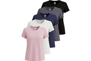 Real Essentials Lot de 5 t-Shirts athlétiques à Manches Courtes et col Rond pour Femme Dry Fit Tech Stretch